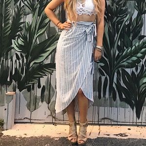 tie striped boho beach skirt size small blue and white midi